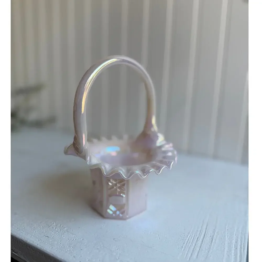 Vintage Fenton Iridescent Pink & White Glass Basket | Ruffled Edge Elegant Gift